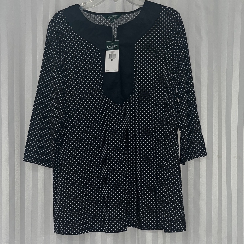 NWT Lauren Ralph Lauren Black and White Polka Dot Tunic Blouse